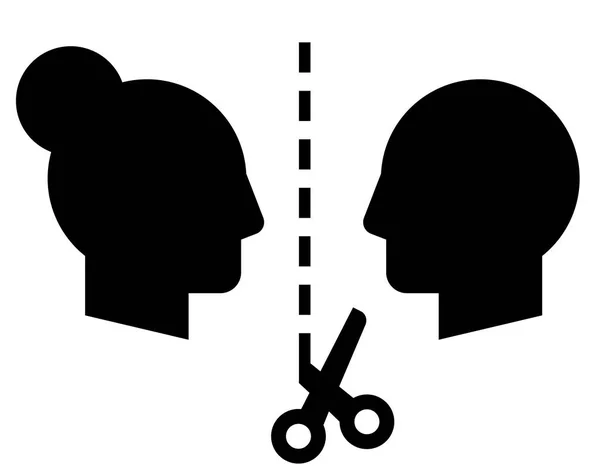 Icono Vectorial Tijeras Línea Corte Entre Perfiles Mujer Hombre — Vector de stock