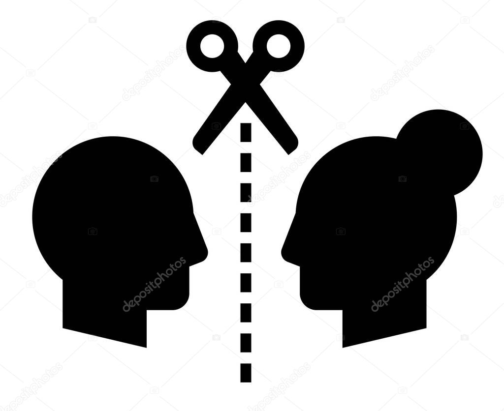 Vector icon of scissors on cutting line between man and woman profiles