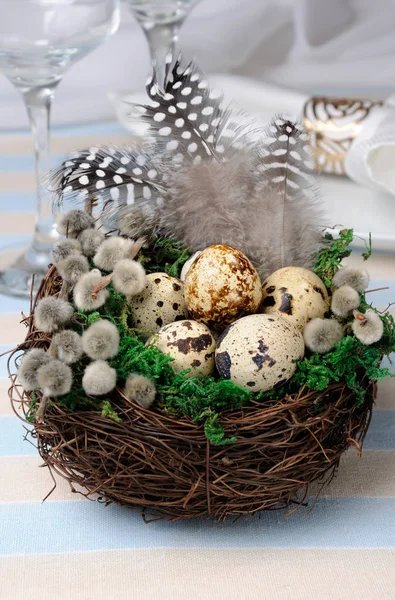 Wachtel-Ostereier im Nest auf Holztisch — Stockfoto