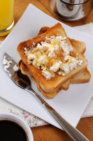 Toast with ricotta at breakfast — Stock Photo, Image