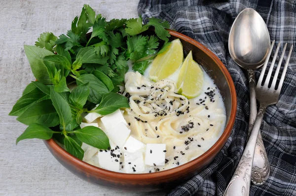 Rice soup with noodles and tofu — Stock Photo, Image