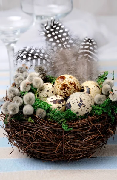 Перепелиные пасхальные яйца в гнезде на деревянном столе — стоковое фото