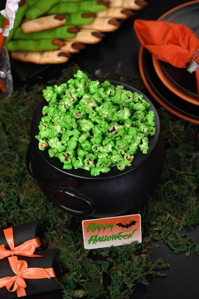 Palomitas Maíz Verde Caldero Dulce Para Demonios Zombies Halloween Tratar — Foto de Stock