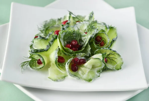 Fresh Cucumber Salad Dill Pomegranate Kernels Yoghurt Sauce — Stock Photo, Image