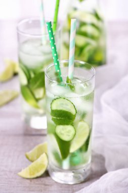 Eritilmiş suyu salatalık, nane ve kireçle tazelemek. Yaz içeceği kokteyli limonata. Sağlıklı içki ve detoks konsepti.   