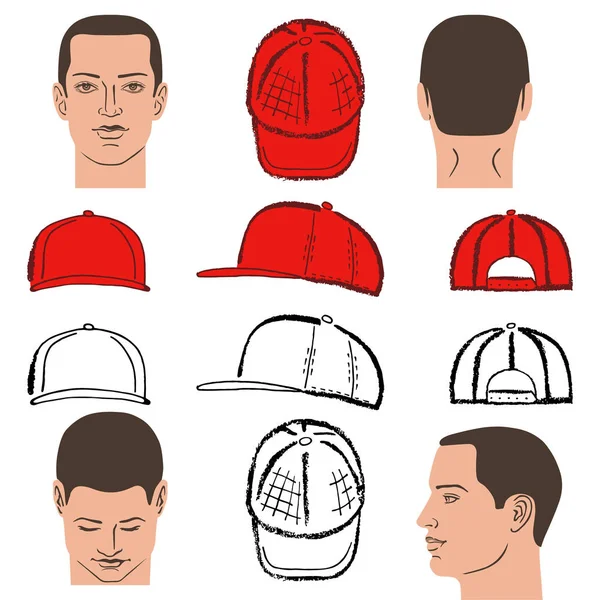 Baseball, tennis, rap cap and man head — Stock Vector