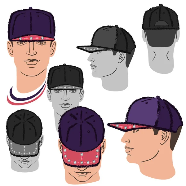 Baseball, tennis, rap cap and man head — Stock Vector