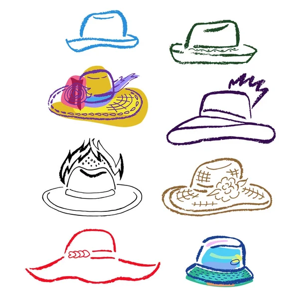 Summer hats, caps outlined template set — Stock Vector