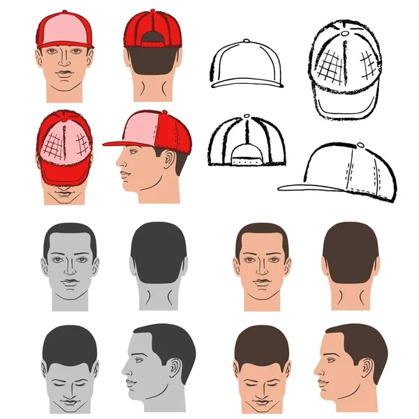 Baseball, tennis, rap cap and man head set — Stock Vector