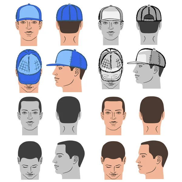 Baseball, tênis, rap cap e homem cabeça set — Vetor de Stock