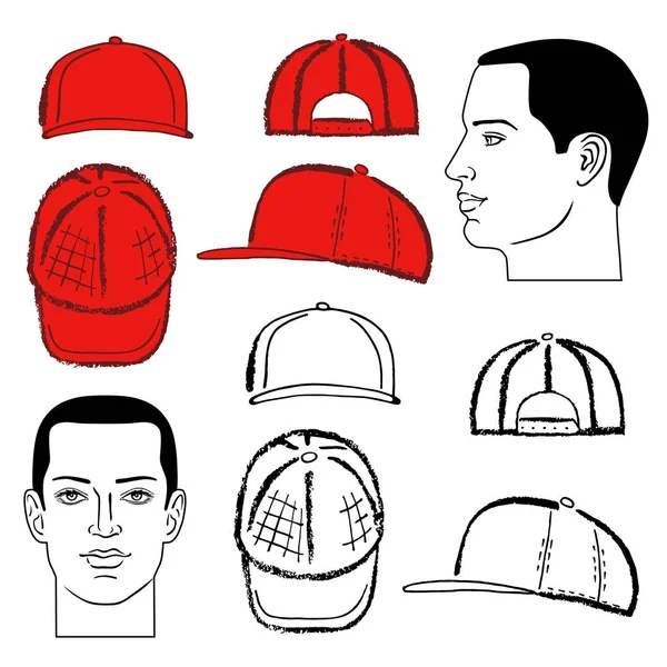 Baseball, tênis, rap cap e cabeça de homem —  Vetores de Stock