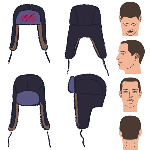 Ушанка русская зимняя шляпа очерчены шаблон и голова человека — стоковый вектор