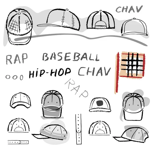 Baseball, tennis, rap cap chav set — Stock Vector