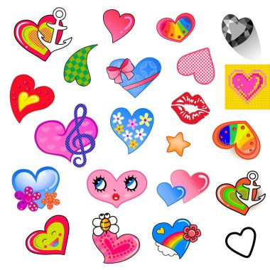 Beyaz arkaplanda izole edilmiş farklı renkte komik kalp süsü seti. 