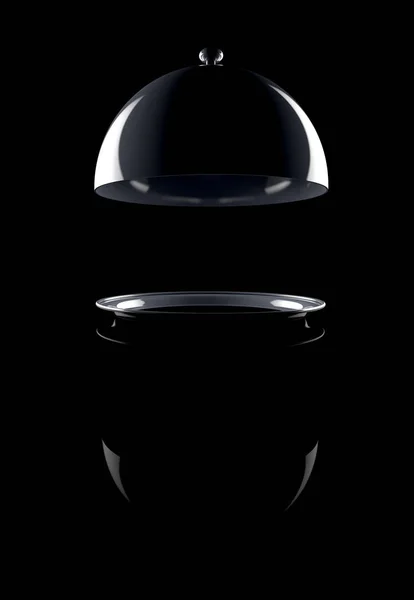 Gümüş tepsi yemek açın. Metin için yer. Siyah arka plan üzerine           