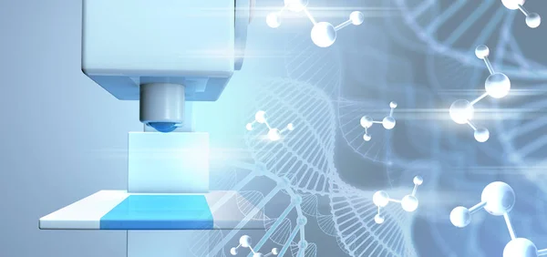Dna moleküllerinin bilimsel mikroskop portre. 3D çizim geniş ekran 