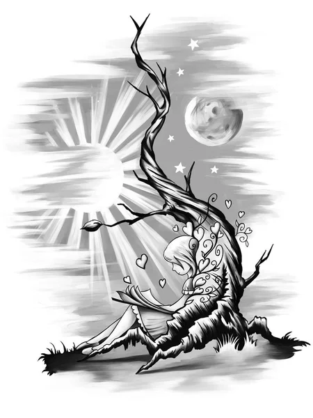 Kız bir ağacın yanında oturan ve bir kitap okuma. resimde beyaz arka plan üzerinde