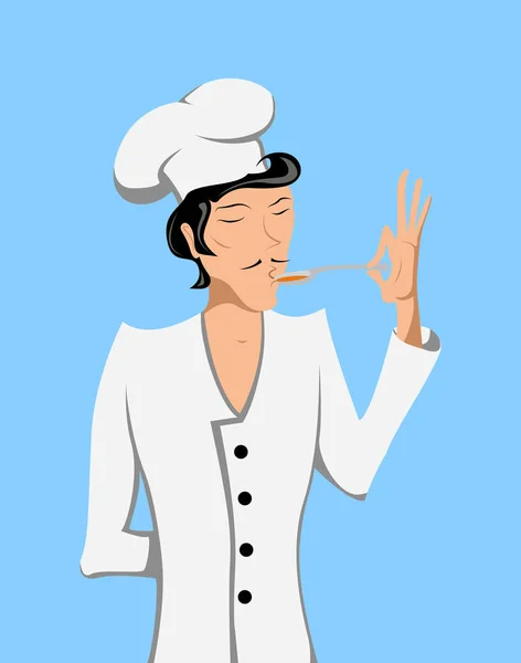 Mann im Anzug Koch probiert das Essen nach Geschmack — Stockfoto