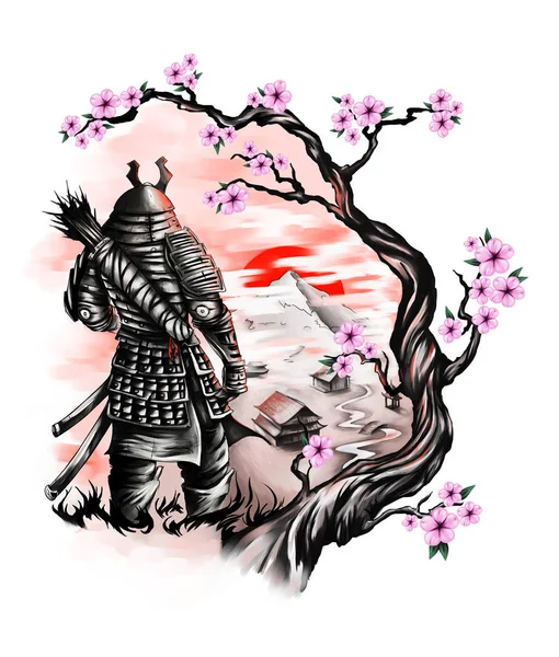 Samurai Mira Sobre Pueblo Montaña Desde Colina Ilustración Sobre Fondo —  Fotos de Stock