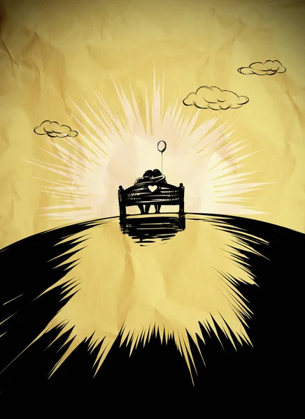 İki bir bankta oturan ve sarılma