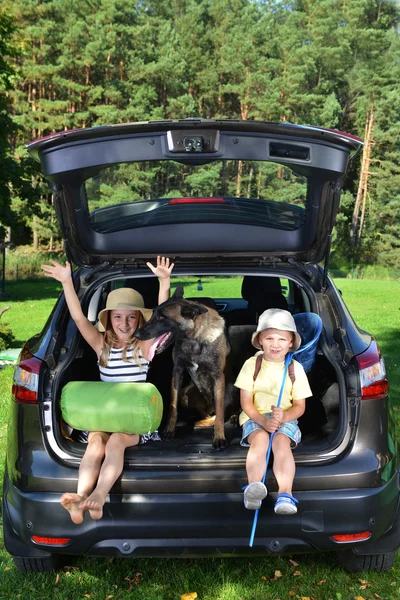 Çocuk ve köpek araba içinde — Stok fotoğraf