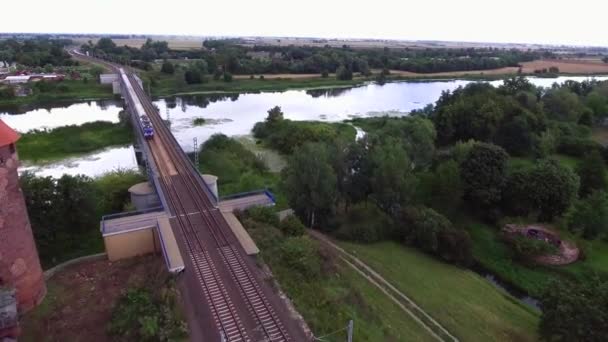 Поезд идет по мосту — стоковое видео