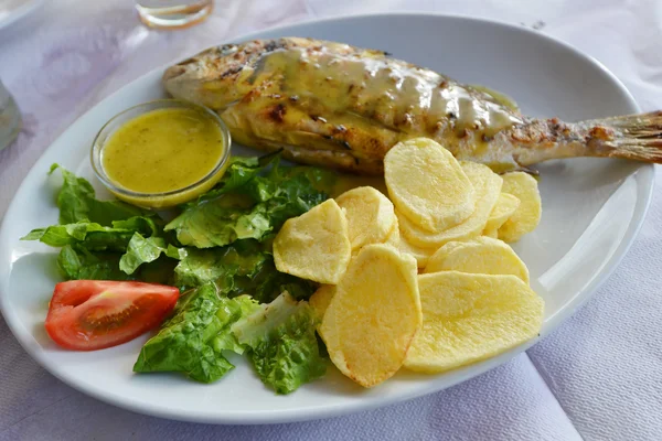 Roasted fish, potato and vegetables — Stock Photo, Image