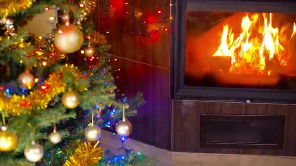 Pollo asado en la mesa de Navidad frente a la chimenea y el árbol con luces — Vídeo de stock