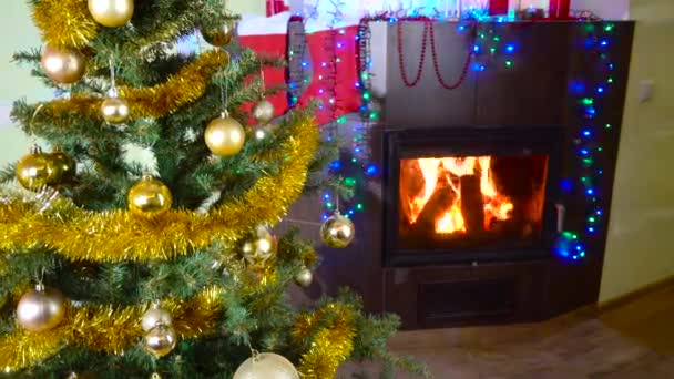 Menina bonito decoração árvore de Natal — Vídeo de Stock