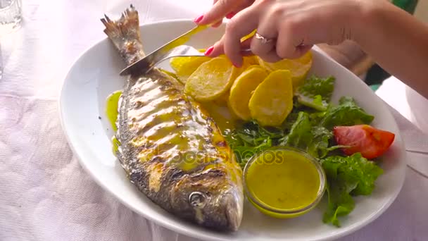 Peixe frito dorada em prato com batatas e legumes — Vídeo de Stock