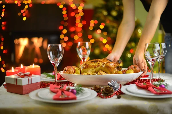 Christmas dinner with chicken — Stock Photo, Image