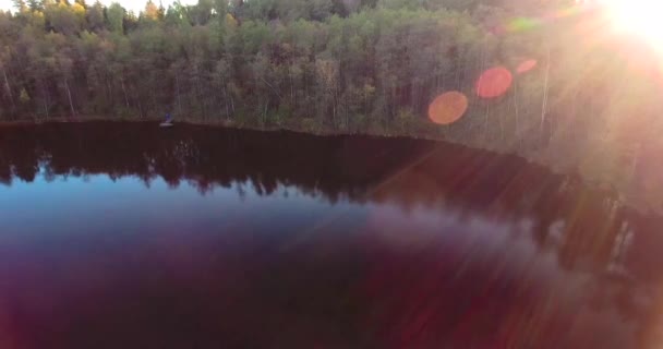 Vliegen boven de herfst bos en meer — Stockvideo