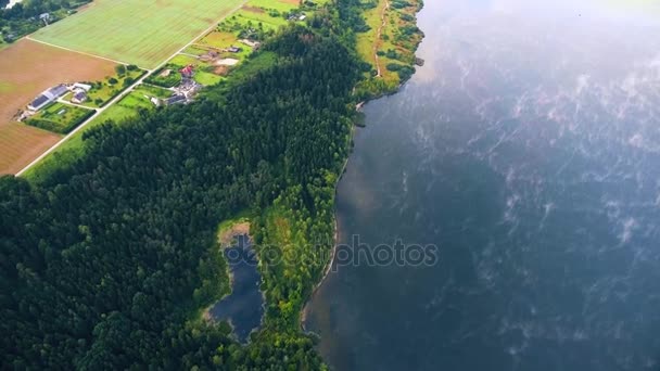 Létání nad zamlžené jezero brzy ráno — Stock video