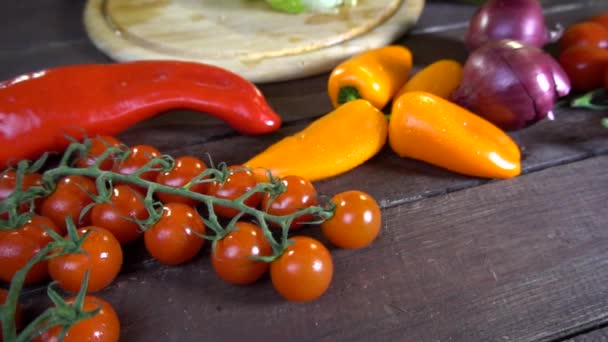 Preparar ensalada de verduras frescas. Movimiento lento — Vídeo de stock