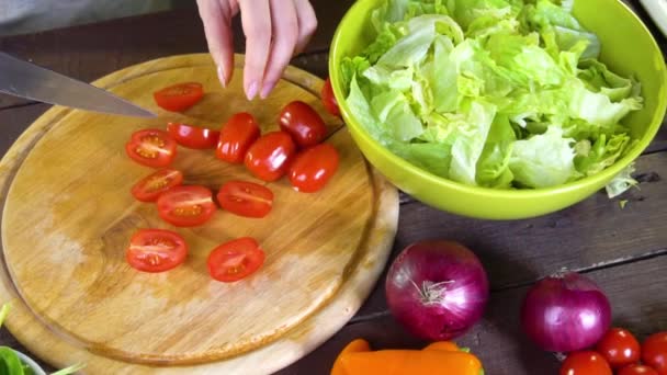 Приготовление свежего овощного салата. Медленное движение — стоковое видео