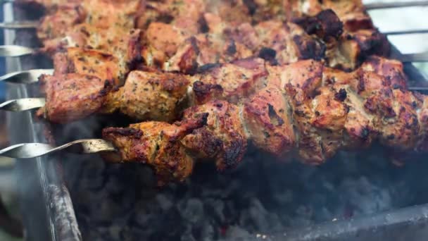 Delicioso kebab de cerdo asado al aire libre — Vídeos de Stock