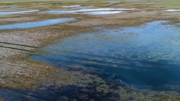 Luchtfoto van overstroomd velden en meren op voorjaar — Stockvideo