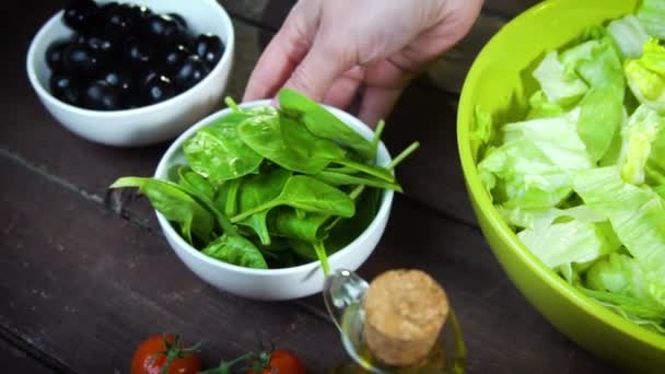 Preparar ensalada de verduras frescas. Movimiento lento — Vídeos de Stock
