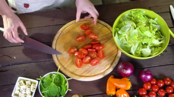 Zubereitung von frischem Gemüsesalat. Zeitlupe — Stockvideo