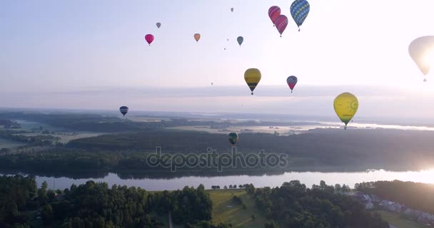 Воздушные шары над зелеными землями и рекой — стоковое видео