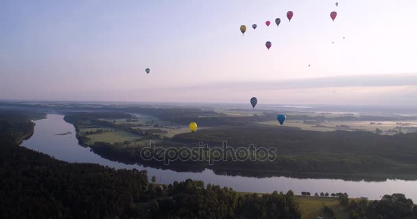 Lucht baloons over groene landerijen en rivier — Stockvideo