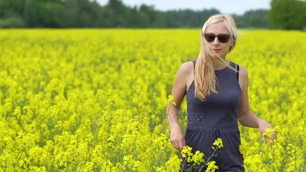 Ung blond kvinna poserar i vackra raps fält — Stockvideo