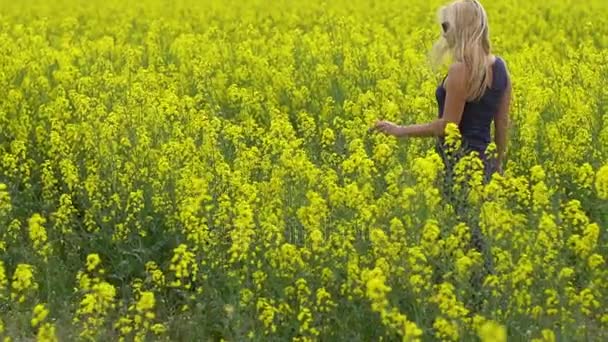 Jovem mulher loira posando em belo campo de colza — Vídeo de Stock