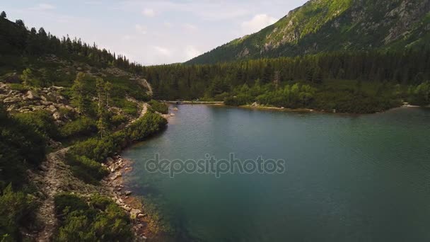 Воздушный вид на озеро в горах — стоковое видео