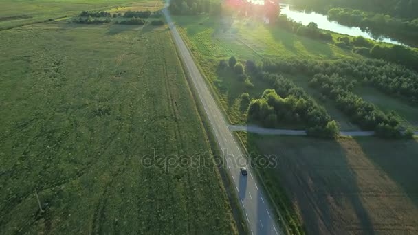 Aerial view of sport car driving in fields — Stock Video