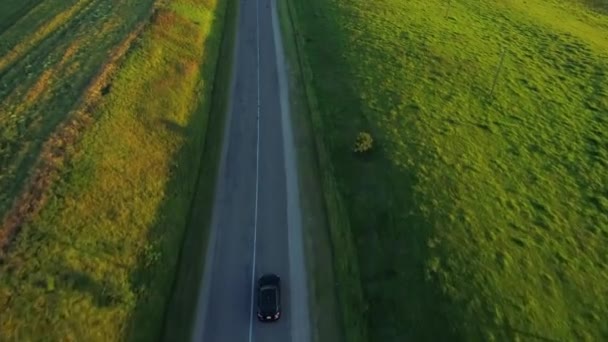 Vista aérea del coche deportivo conduciendo en campos — Vídeo de stock