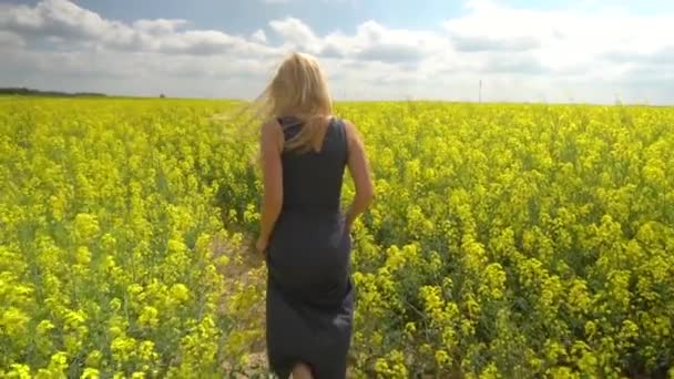 Jeune femme blonde posant dans le beau champ de colza — Video