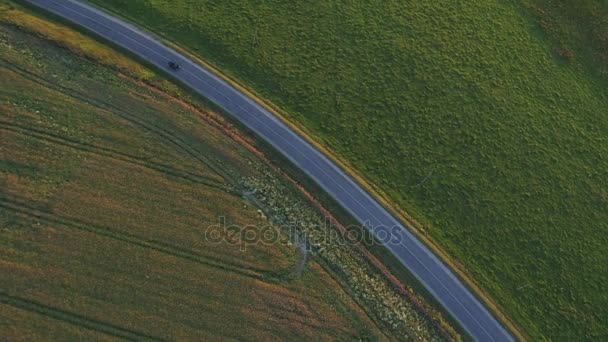 Vista aérea do carro esporte dirigindo em campos — Vídeo de Stock