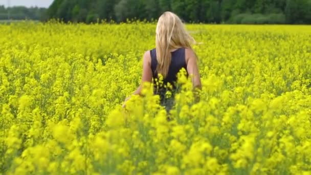 Jonge blonde vrouw poseren in mooie koolzaad veld — Stockvideo