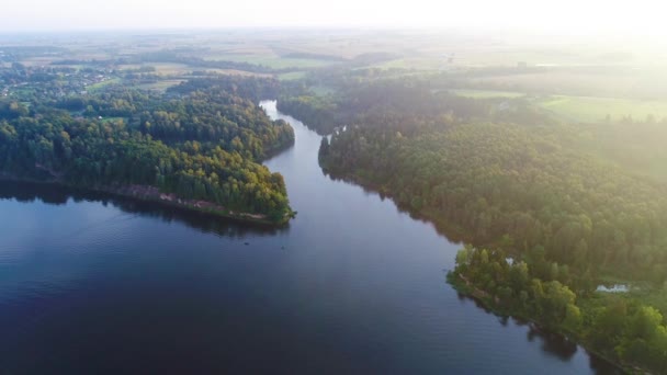 Volando por encima del lago de niebla temprano en la mañana — Vídeos de Stock